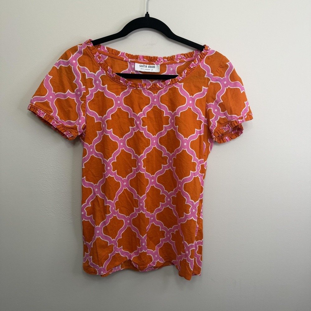 Skirtin Around Shirt Womens Medium Orange‎ Pink Geometric Ruffle Boho Top